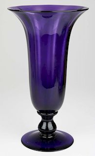 attributed Pairpoint blown glass amethyst trumpet form footed vase etched mark w/"P" in diamond, and