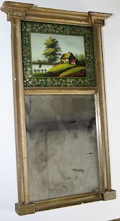 Sheraton split panel mirror with Hudson River School scene, 19.5” x 12”