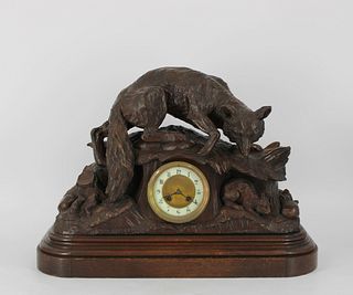 Large Antique Carved Black Forest Fox Clock.