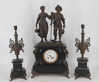 An Antique Marble & Spelter Clock Garniture Set.