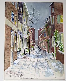 Rose Kirkpatrick (20th c ) Philadelphia in winter signed watercolor and gouache 12 x 9"