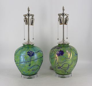 An Antique Pair Of Enamel Decorated Favrile Glass