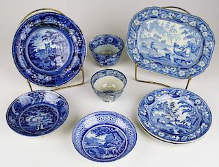 lot of 8 pcs of damaged blue transfer dec Staffordshire soft paste china incl. cups, saucers, side p