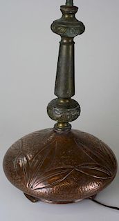 brass & copper Arts and Crafts style table lamp- needs restoration, ht 19.5”