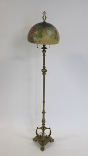 Antique Brass Standing Lamp With Reverse Painted