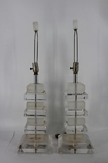 Pair of Karl Springer Style Lucite Lamps
