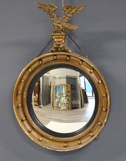 Antique Giltwood Bullseye Mirror With Eagle Crown.