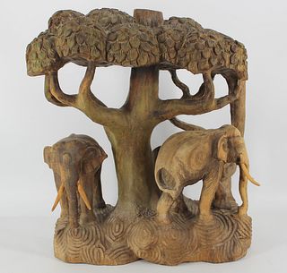 Antique Carved Wood Sculpture of Elephants