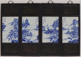 (4) Signed Chinese Blue and White Framed Plaques.