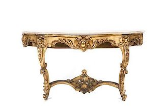 A Louis XV Style Gilt Painted Console Table, Height 30 1/2 x width 55 x depth 16 inches.