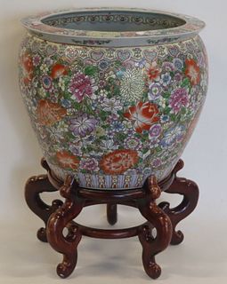 Large Chinese Enamel Decorated Fish Bowl on Stand.
