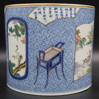 Signed Chinese Enamel Decorated Brush Pot.