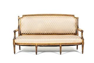 A Three-Piece Louis XVI Style Carved Giltwood Parlour Suite, Height of first 39 3/4 x width 71 x depth 24 inches.