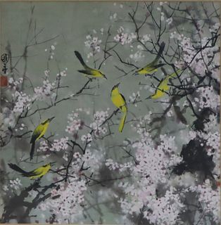 Signed Asian Painting of 'Birds and Flowers'.