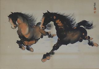 Signed Chinese? Watercolor Painting of Horses.
