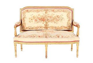 A Five-Piece Louis XVI Style Carved Giltwood Parlour Suite, Height of first 41 x width 54 x depth 23 1/4 inches.