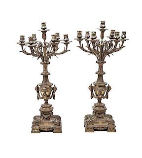A Pair of Louis XVI Style Gilt Metal Six-Light Candelabra, Height 29 1/2 inches.