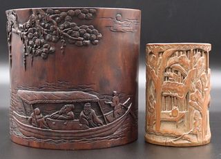 (2) Chinese Carved Wood Brush Pots, (1) Sgnd.