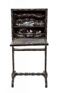 An English Japanned Lacquer Fall Front Desk, Height 46 x width 21 1/2 x depth (closed) 3 5/8 inches.