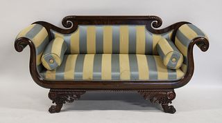 Empire Mahogany Carved Scroll Arm Settee.