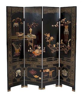 A Chinese Lacquer Four-Panel Floor Screen, Height 72 x width of panel 16 inches.