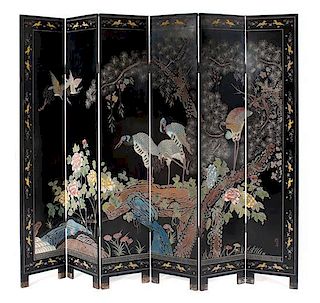 A Chinese Coromandel Six-Panel Floor Screen, Height 84 x width of panel 16 inches.