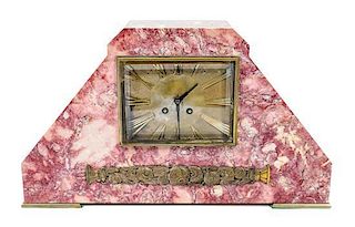 An Art Deco Marble and Gilt Bronze Mounted Mantle Clock, Height 11 1/4 x width 19 1/2 inches.