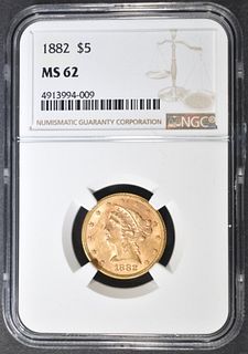 1882 GOLD $5.00 LIBERTY  NGC MS-62