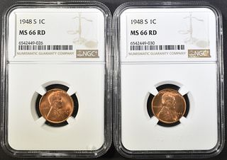 2 1948-S LINCOLN CENTS NGC MS-66 RD