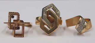 JEWELRY. (3) 14kt Gold and Diamond Modernist Rings