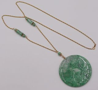 JEWELRY. 14kt Gold and Jade Sautoir Necklace.