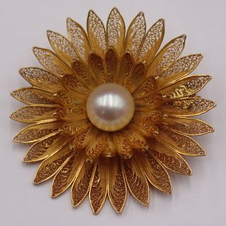 JEWELRY. 18kt Gold and Pearl Floral Form Brooch.