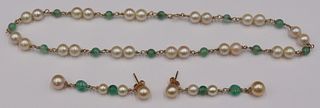 JEWELRY. 3 Pc. 14kt Gold, Pearl and Emerald Suite.