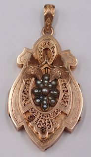 JEWELRY. Victorian 14kt Gold and Seed Pearl Shield