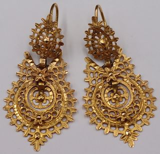 JEWELRY. Pair of Ornate 18kt Gold Earrings.