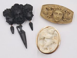 JEWELRY. (3) High Relief Carved Cameo Brooches.