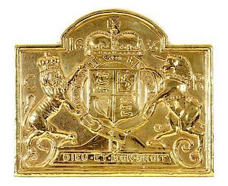 A Brass Plaque, Height 19 1/4 x width 22 3/4 inches.