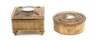 Two Gilt Metal and Portrait Miniature Mounted Trinket Boxes, Length of larger 3 1/2 inches.