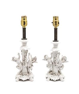 A Pair of Italian White Porcelain Candlesticks, Height 10 inches.