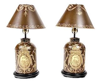 A Pair of Tole Table Lamps, Height 29 inches.