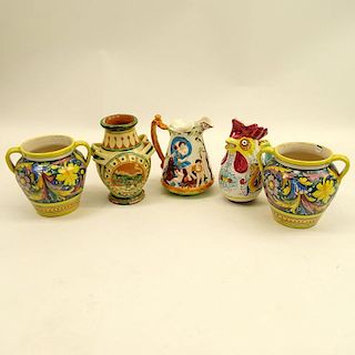 Lot of Five (5) Majolica Pitchers & Urns. Various motifs.