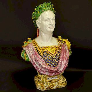 Monumental 19/20th Century Italian Majolica Figural Bust of Emperor Octavius on Socle.