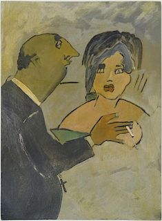 Mino Maccari, Italian (1898-1989) Oil on cardboard "The Priest and the Prostitute" Signed en verso.