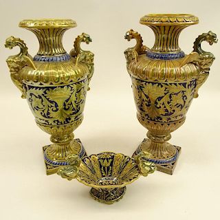 Three Pieces Early 20th Century Robbia Gualdo Tadino Painted Majolica Urns and compote. Chimera handles.