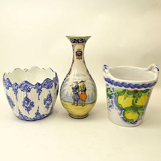 French Henriot Quimper Vase, Italian Duca di Camastra Majolica Handled Pail and a Portuguese Glazed Pottery Cachepot.