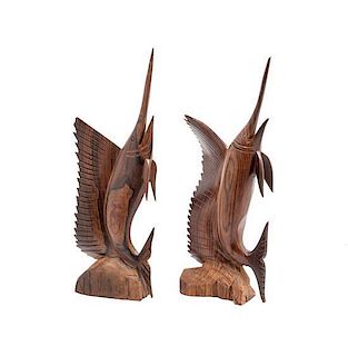 A Pair of Wood Carved Figures of Marlins, Height 17 1/2 inches.