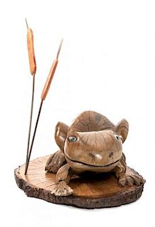 A Wood Carved Figure of Frog on a Lily Pad, Height 27 x Length 22 inches.