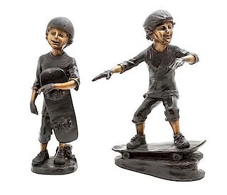 A Pair of Bronzed Metal Figures of Boys, Height 15 inches.