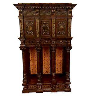 18th Century Italian Tuscan Renaissance Style Carved Polychrome and Gilt Walnut Court Cupboard.