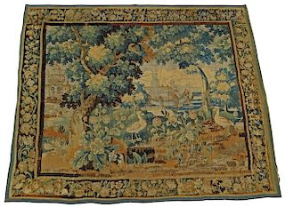 Large 17/18th Century Flemish Tapestry. Scene depicting a tree in landscape with buildings and animals. Lined.